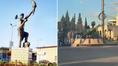 Efrîn | Komên çekdar peykerê ‘Kawayê Hesinkar’ hilweşand